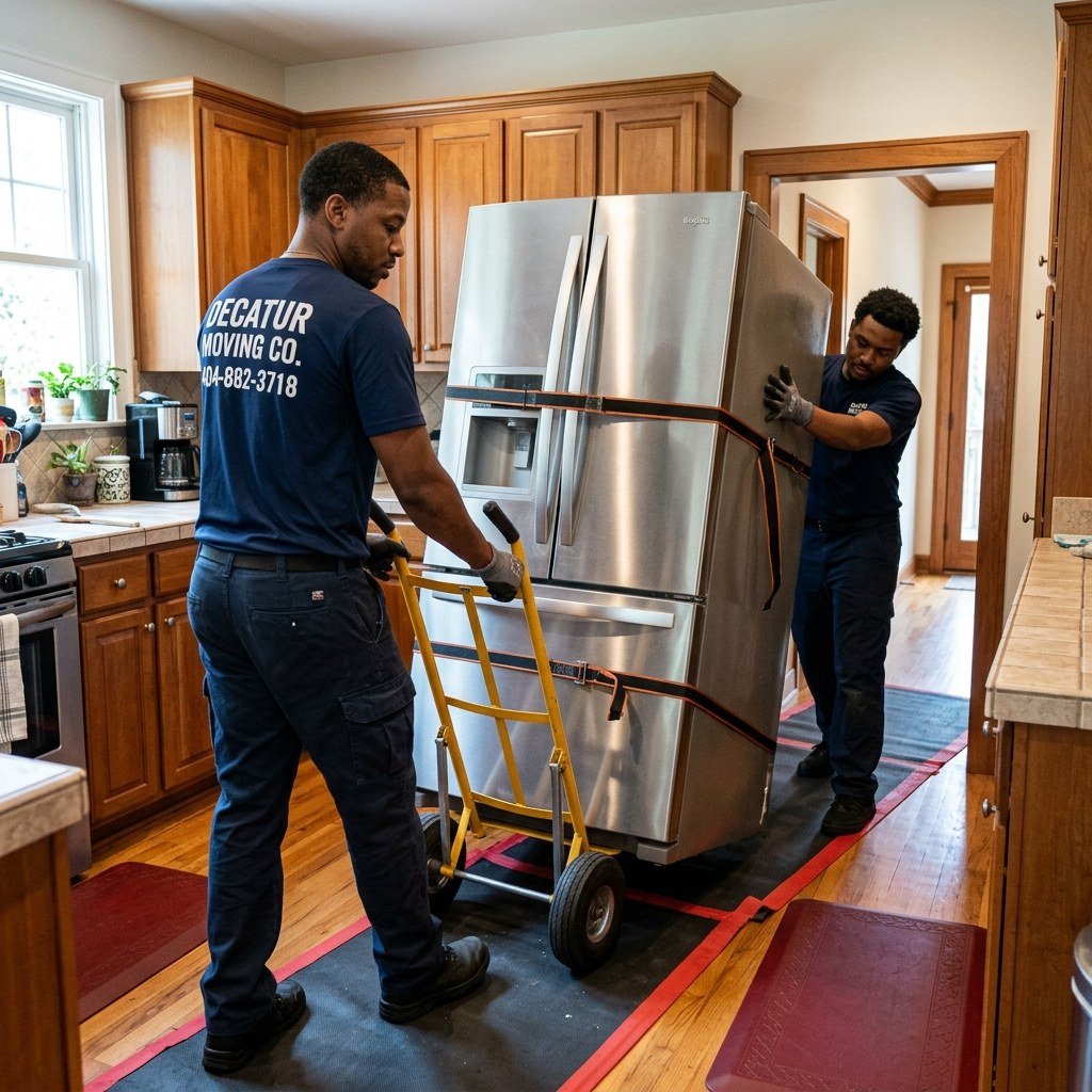 Movers transporting a stainless steel refrigerator safely