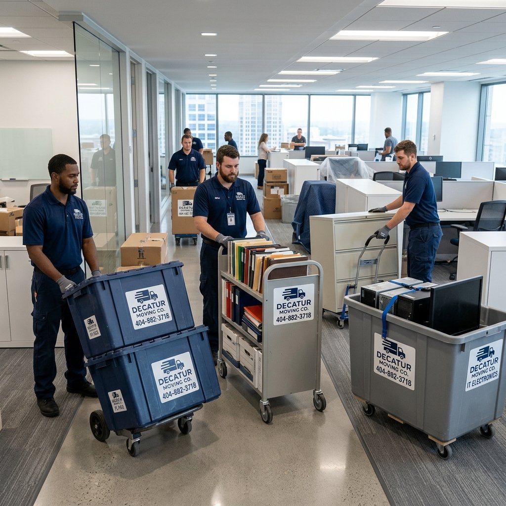 Office moving crew handling equipment during a commercial move