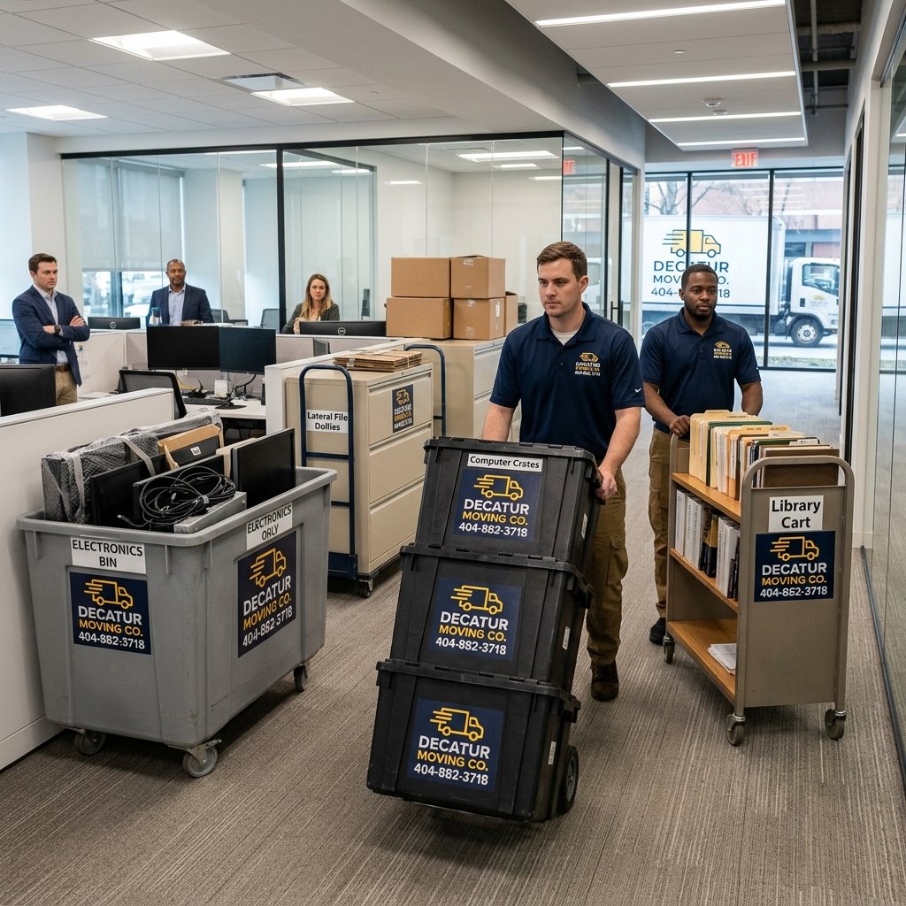 Commercial movers transporting office equipment in Decatur, Georgia