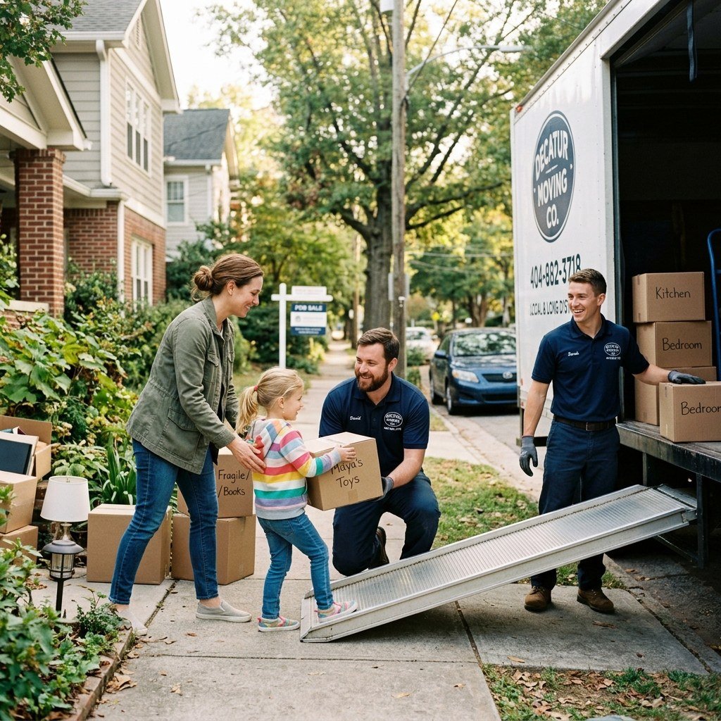 Movers helping a family load belongings into a moving truck
