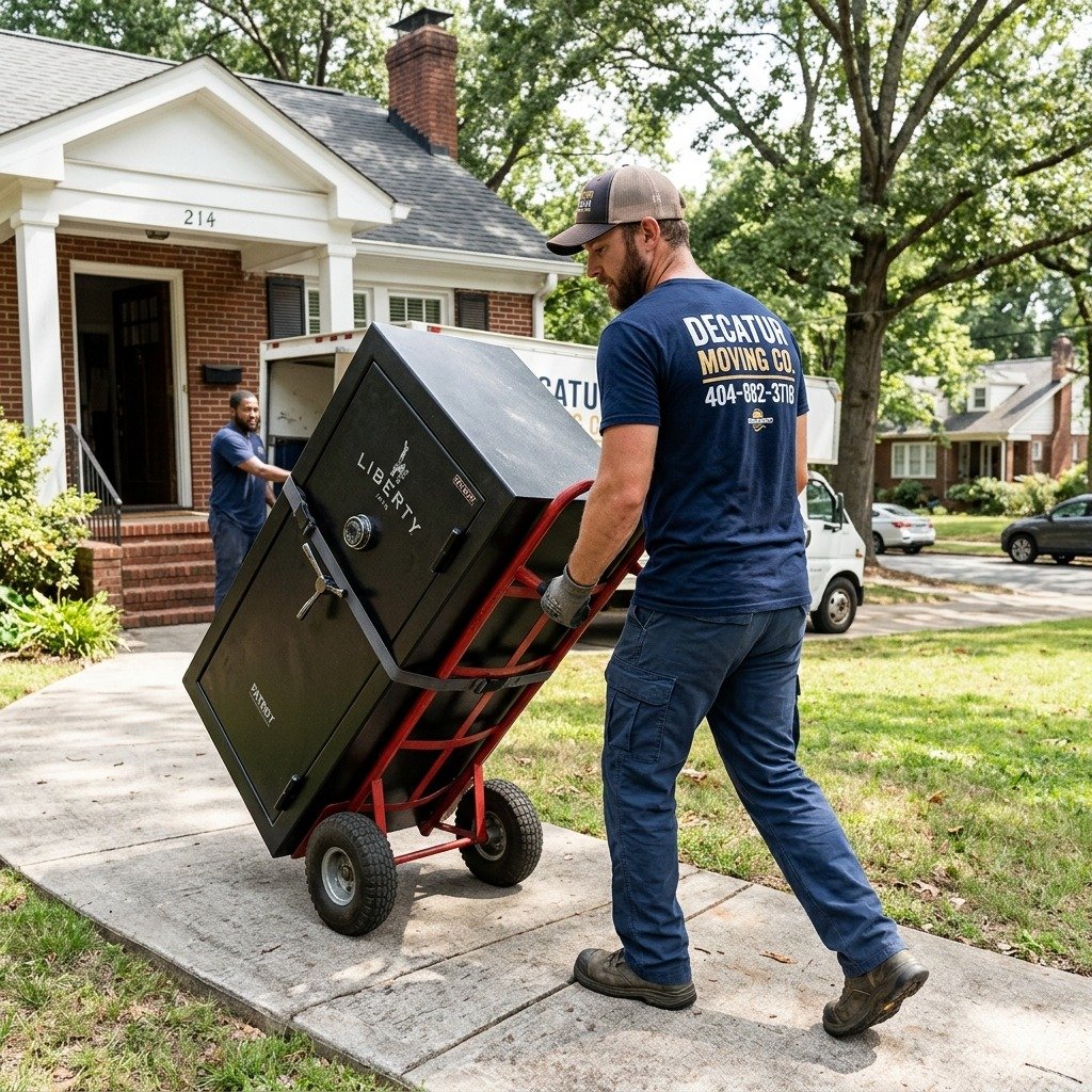Mover transporting a heavy gun safe with specialized equipment in Decatur