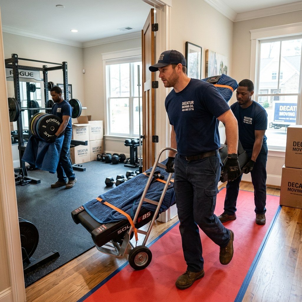 Movers transporting home gym equipment with floor protection
