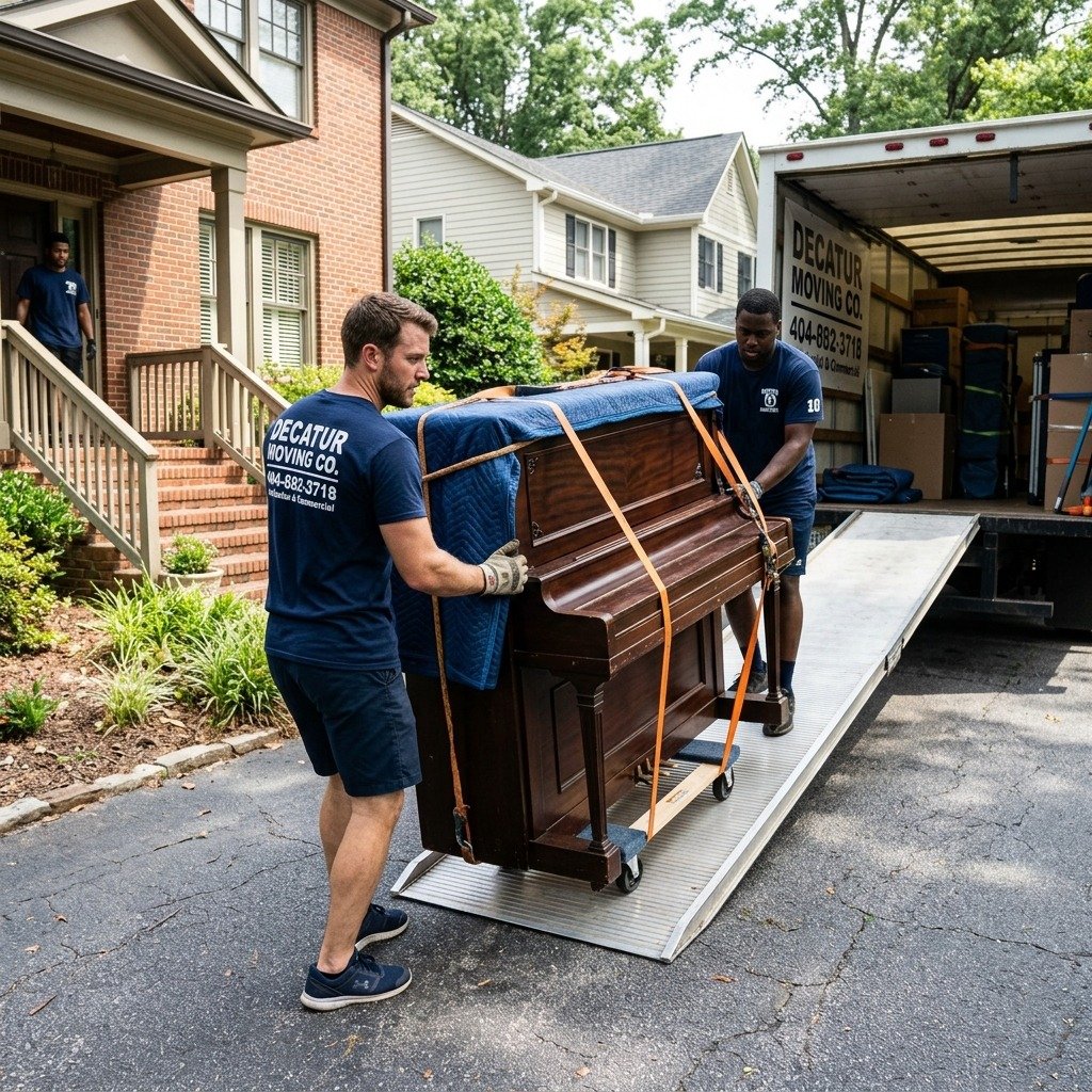 Professional movers loading an upright piano into a moving truck