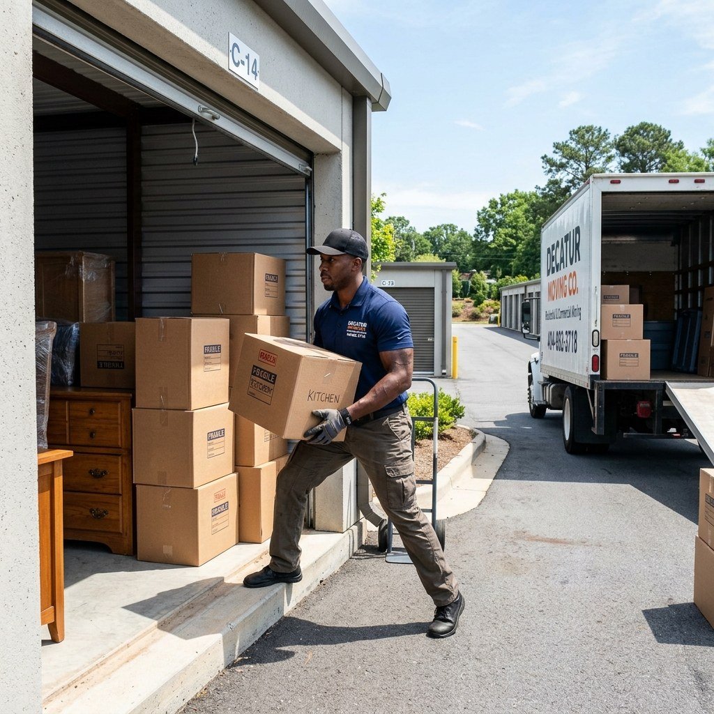 Mover loading labeled boxes from a storage unit into a truck
